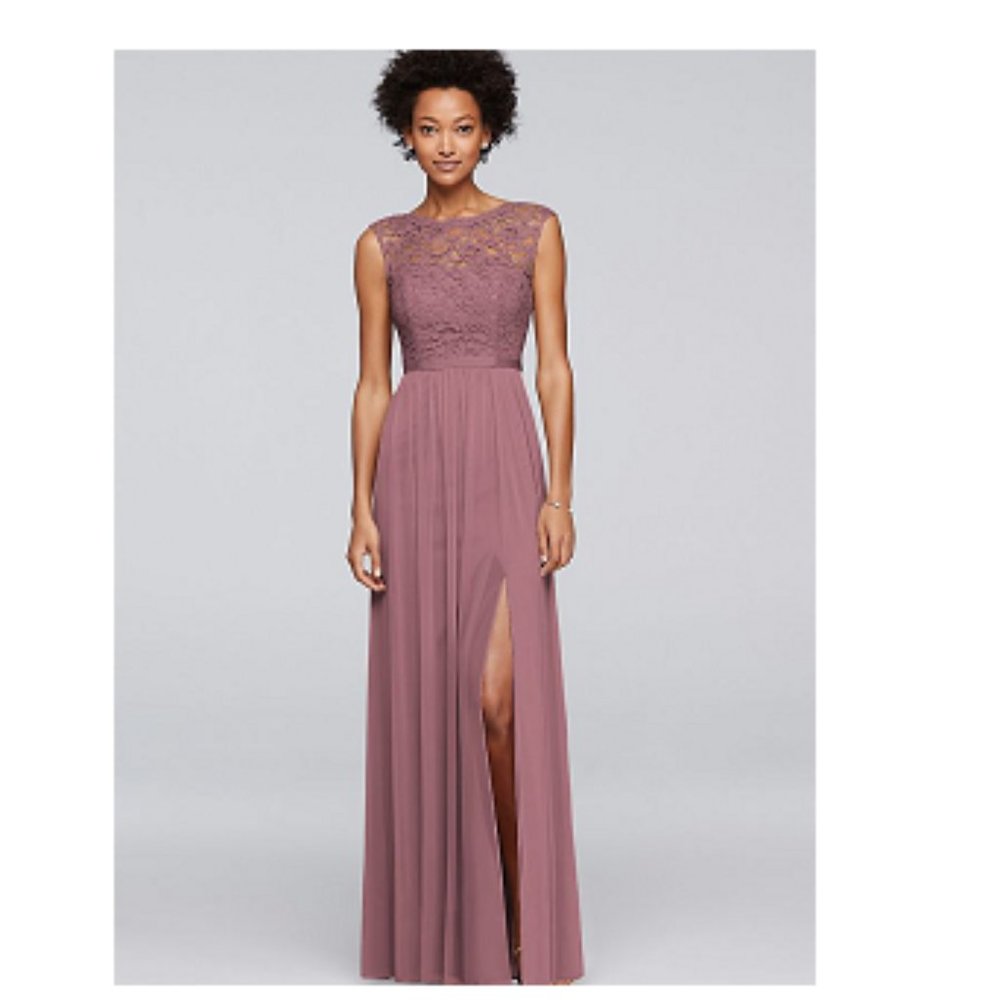 David's Bridal Long Bridesmaid Dress with Lace Bodice